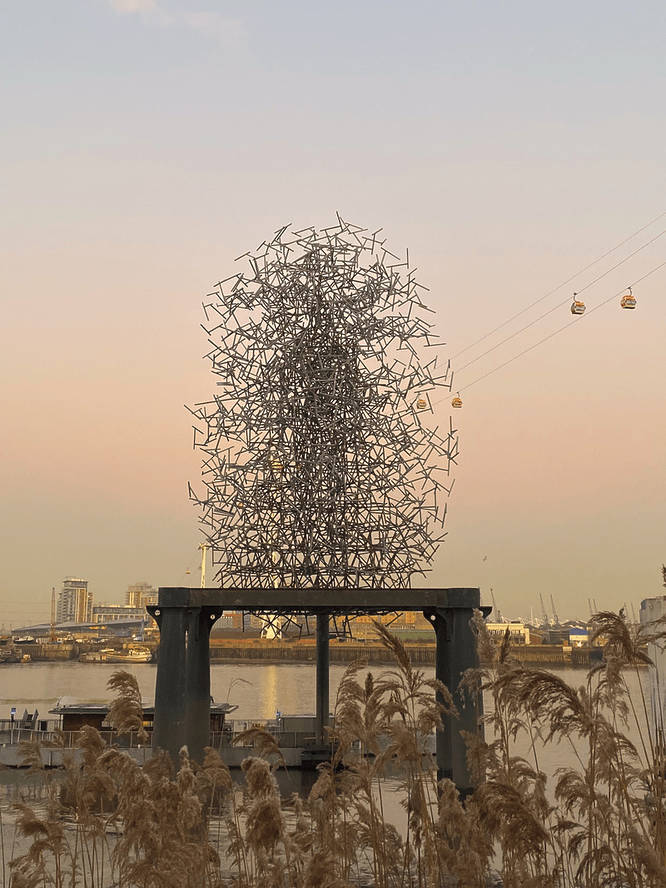 An art installation on The Line in London with dusk in the background