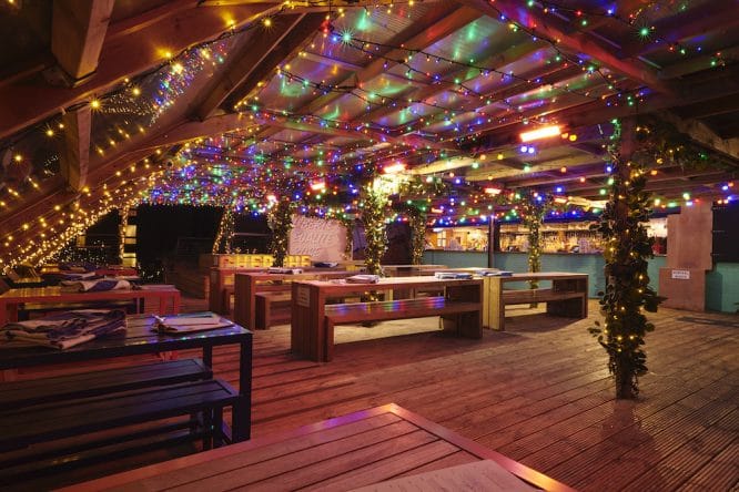 Some twinkling Christmas lights at Bar Elba in Waterloo, South London