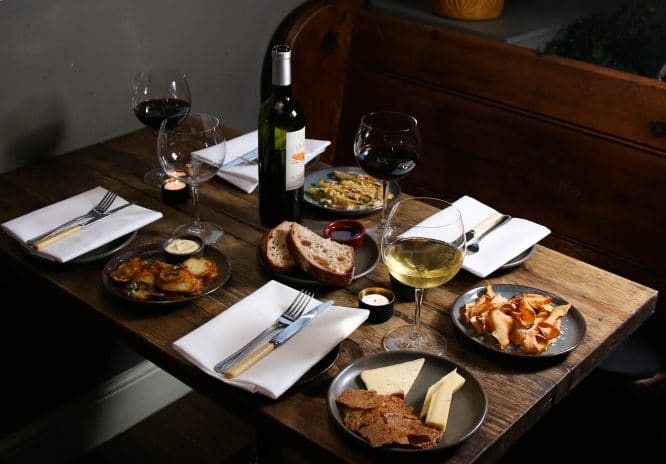 A delicious spread of food and vino at the Vins, one of the best wine bars in London