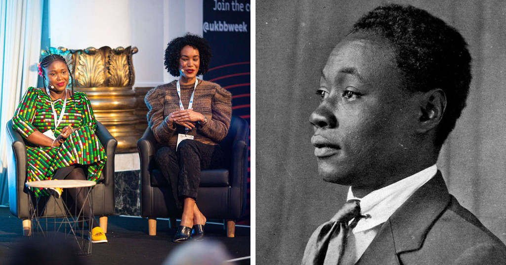 a split screen image showing two panelists sat on a stage, and a historic photo of a young black man