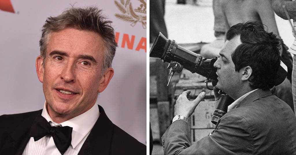 a split screen image showing steve coogan on the red carpet, and stanley kubrick with his eye up to a camera viewfinder