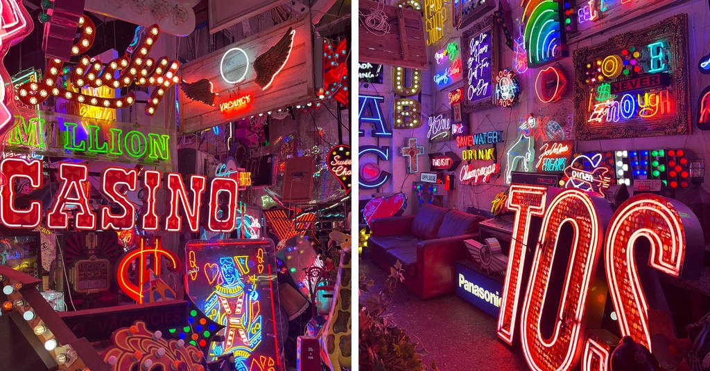 a split screen image showing the many neon wonders at god's own junkyard