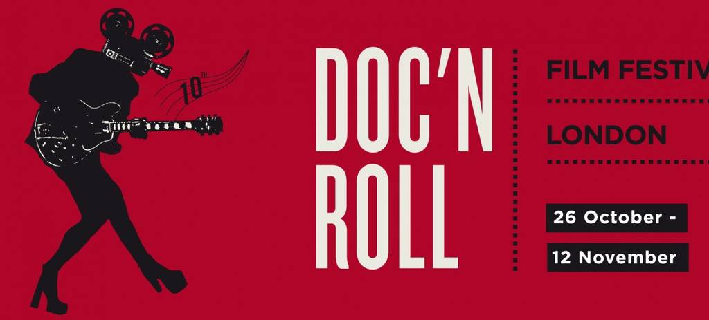 a poster for the doc n roll festival showing a musician playing guitar, with a film camera for a head