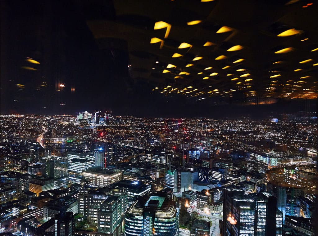 The night-time view of London from Duck & Waffle, visible during their 24/7 dining hours