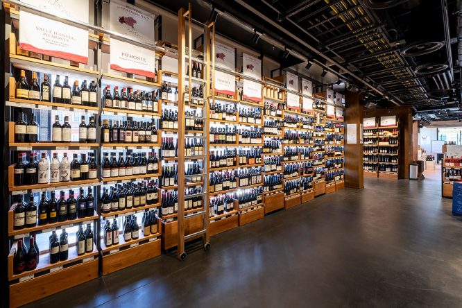 A vast wall of wine on sale at Eataly London in Bishopsgate, London