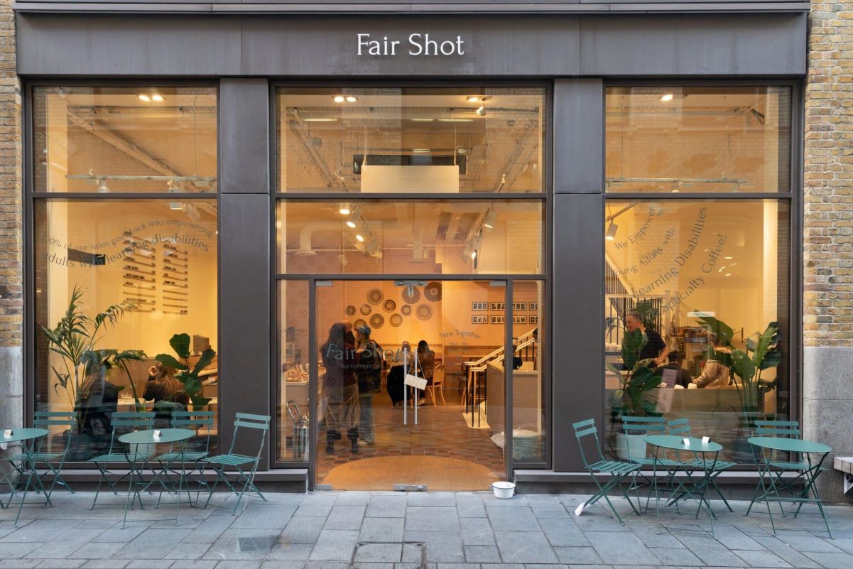 An exterior shot of Fair Shot, one of the best coffee shops to recharge in