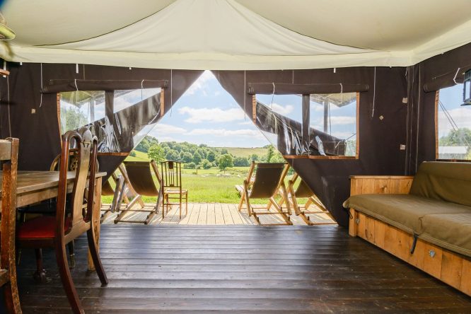 A panoramic view looking out from a tent at Feather Down in Sunninglye Farm, Kent