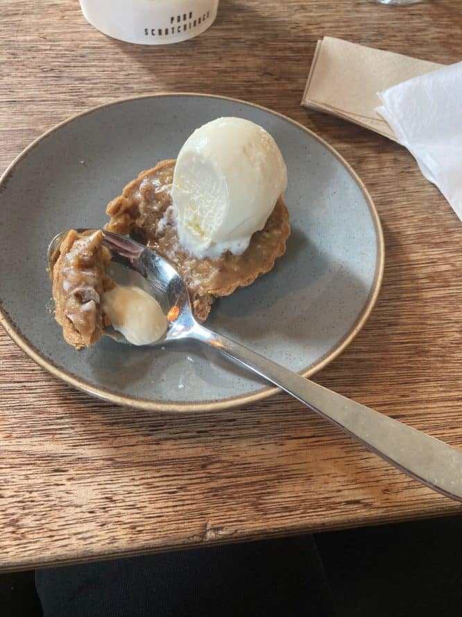 The delectable nan's walnut tart with ice cream served at The Fat Walrus in South London 