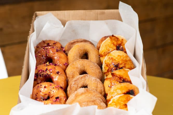 A delicious spread of vegan donuts from Knead a Little Love bakery in Bethnal Green, East London 