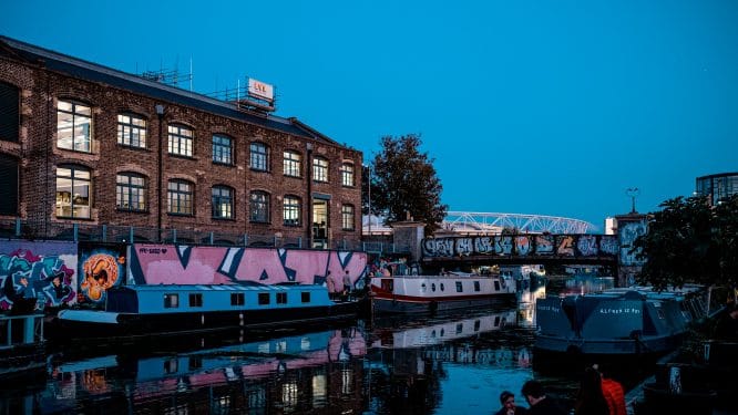 The exterior of CRATE brewery in Hackney wick and accompanying canal
