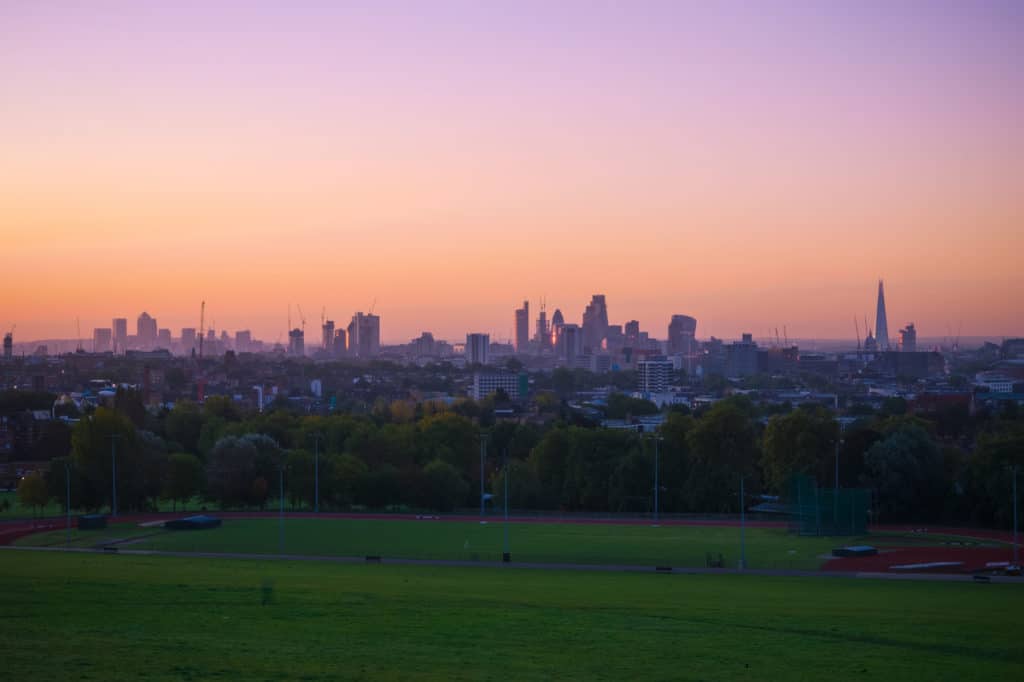 the sunset view of London from Hampstead Heath's Parliament Hill