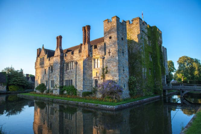 The sunlit exterior of the spectacular Hever Castle & Gardens in Kent 