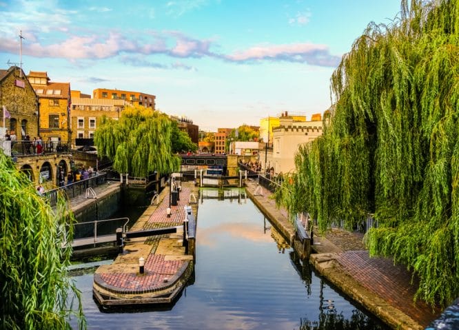 Regent's Canal and Camden Town bathed in sunshine in London, England