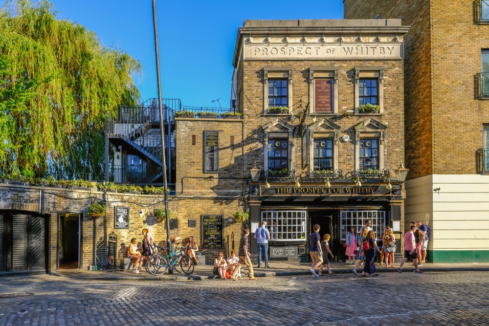 The exterior of the Prospect of Whitby, a riverside pub in Wapping, London