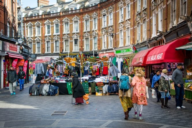 The stalls of Brixton Market on Electric Avenue in Brixton, London