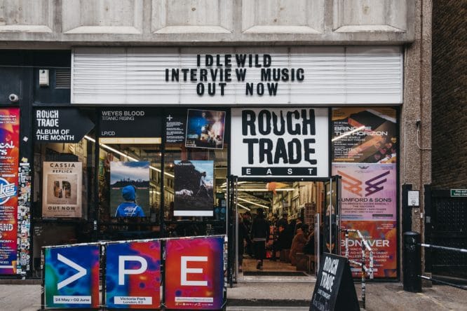 The exterior of Rough Trade East by the Truman Brewery in London, England