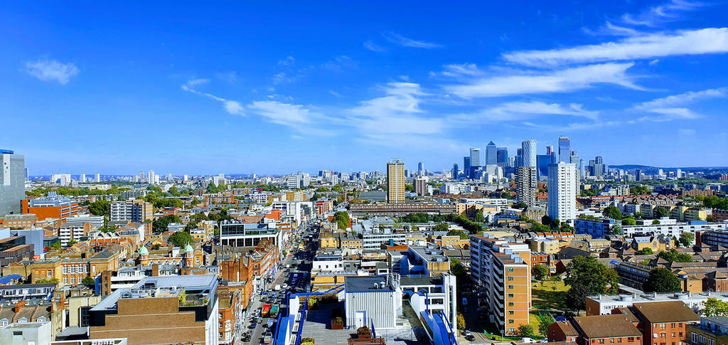 An aerial view of Whitechapel and Canary Wharf in London