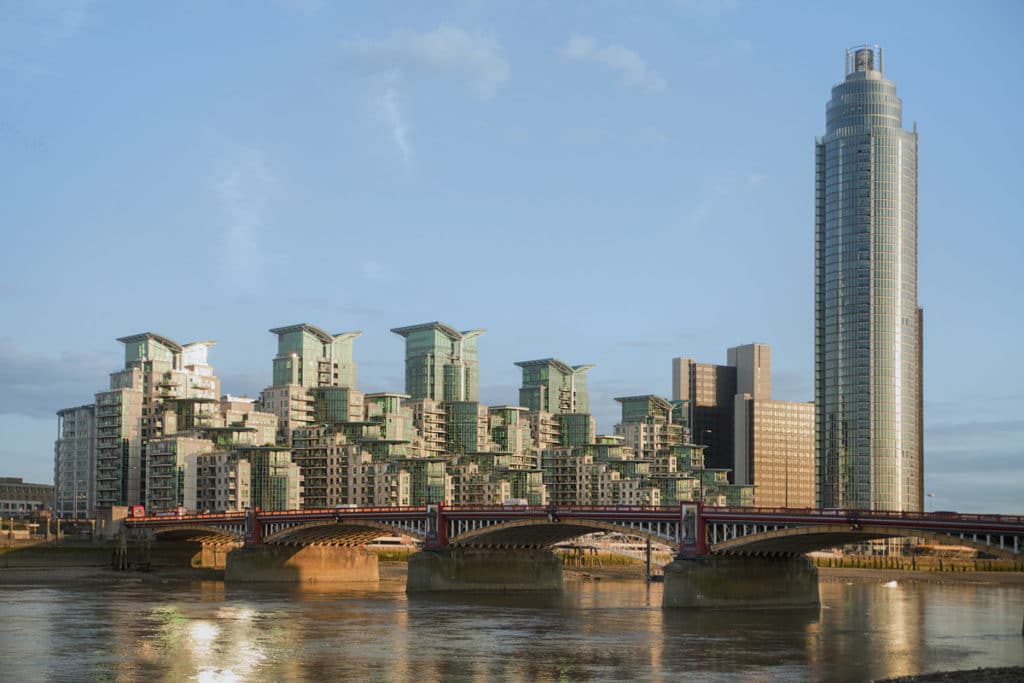 Residential buildings, Vauxhall Bridge and the River Thames in Vauxhall, South London