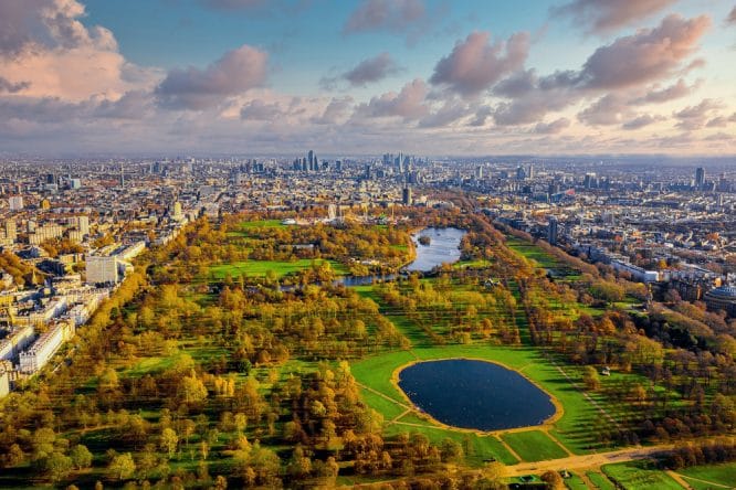 A beautiful aerial shot taken of the magnificent Hyde Park in central London, one of London's parks