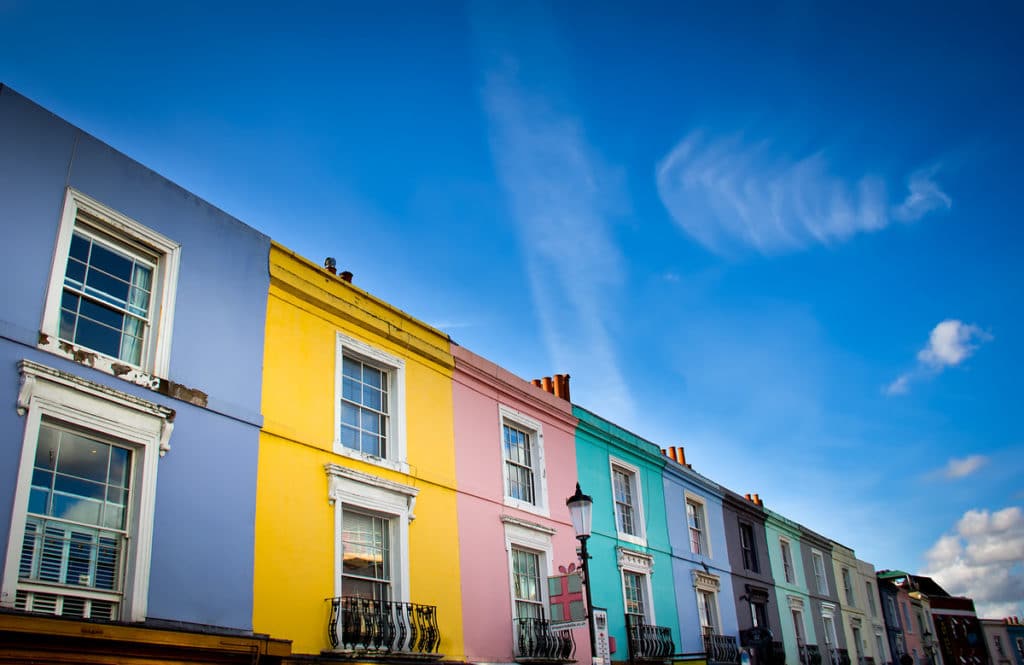 A fantastic shot of colourful houses and the blue sky in Notting Hill