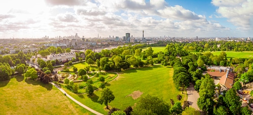 An aerial view of Regent's Park and the city behind in Camden, London