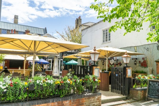The sunny beer garden of The Lamb pub in Chiswick