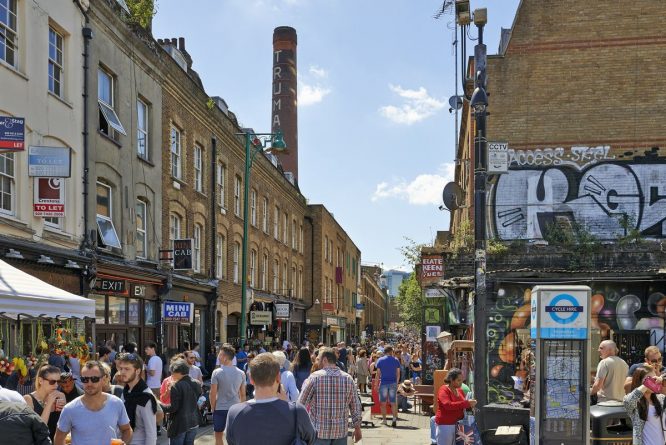 People wandering down Brick Lane on a sunny day near the Truman Brewery