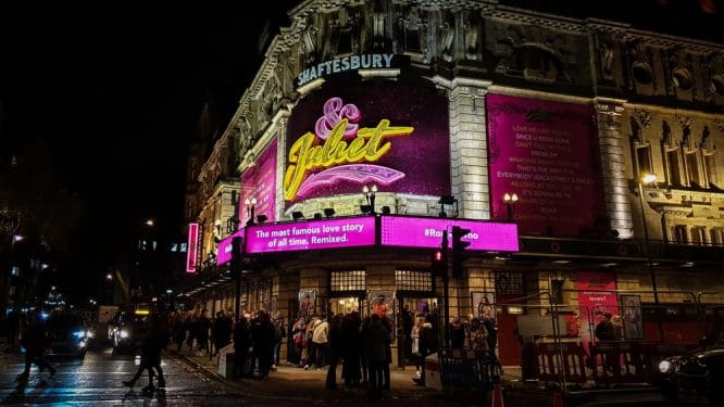 The exterior of the Shaftesbury Theatre showing &Juliet, one of the best London theatre shows