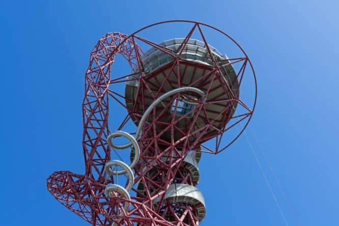 The ArcelorMittal Orbit viewing platform and slide in Stratford on a clear sunny day