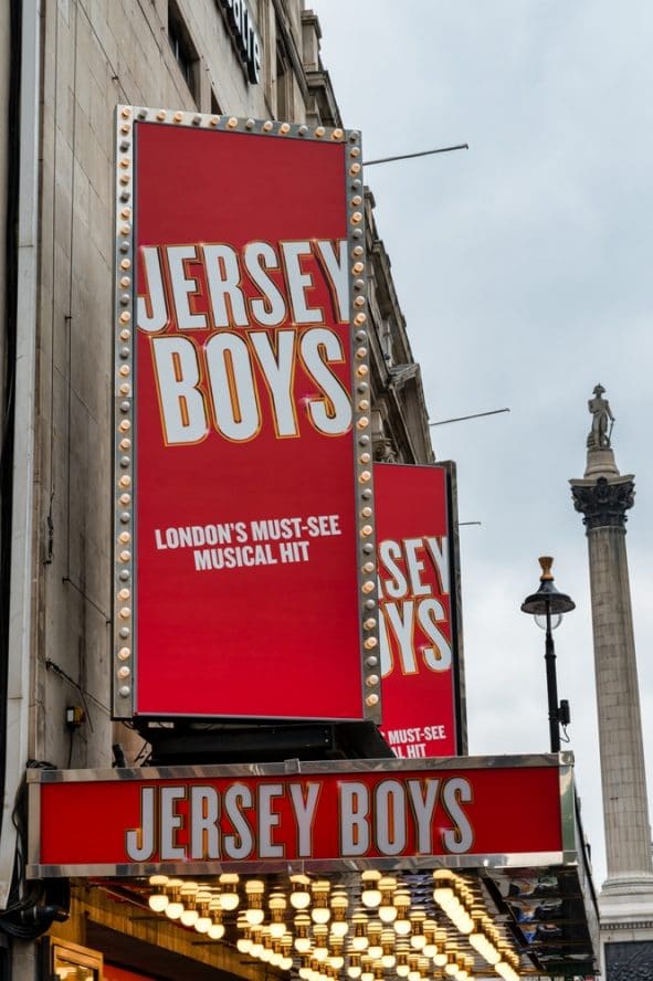 The sign for Jersey Boys: The Musical, one of the best London theatre shows