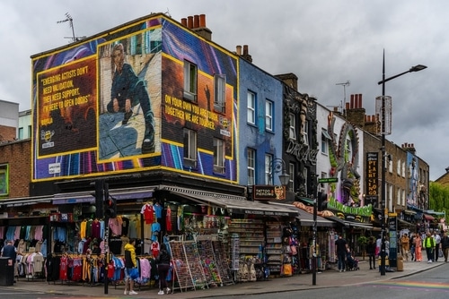 Some colourful street art on a building in Camden Town, London