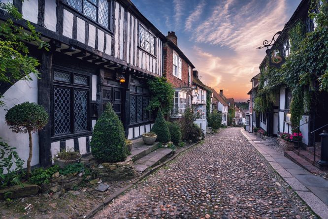 A lovely cobbled street and old houses in Rye, one of the most picturesque villages near London