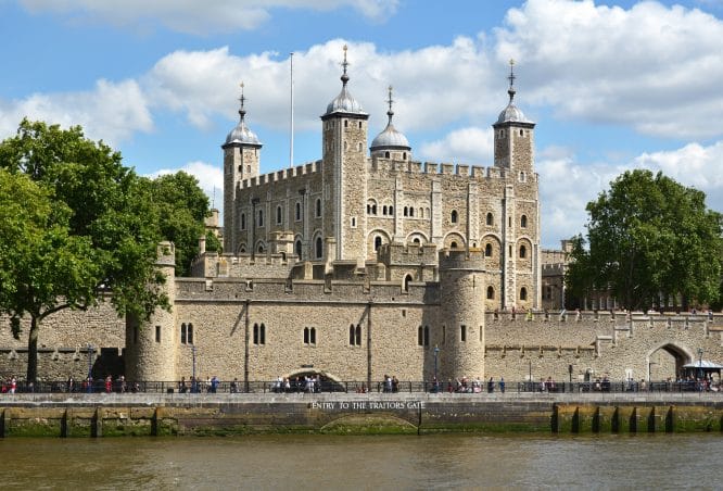 The exterior of the Tower of London in London, England 