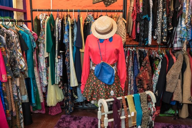 Vintage clothing from the 1960s and 1970s on sale at a charity shop