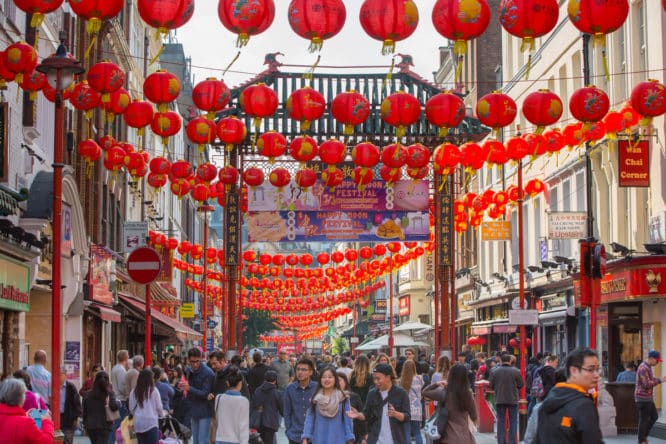 Bright red lanterns decorating London's Chinatown