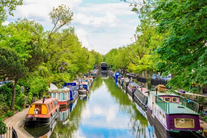 A selection of house boats and fantastic scenery on the Regent's Canal in London, England