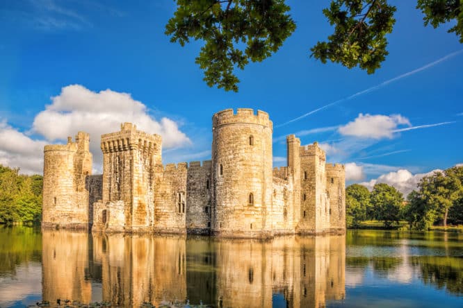 The fantastic, sunlit exterior of Bodiam Castle in East Sussex, one of the best castles near London