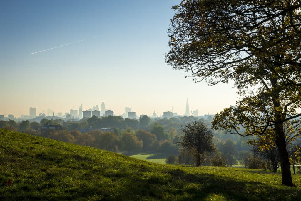 Scenic morning landscape view of London, England from Primrose Hill Park in North London at sunrise
