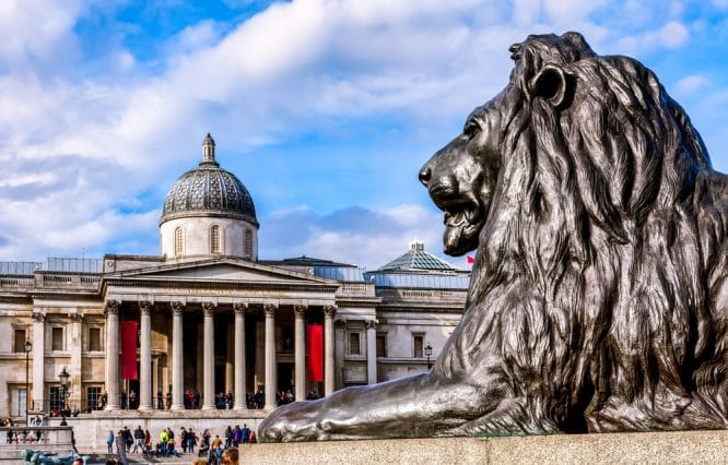 The exterior of The National Gallery in Trafalgar Square, London