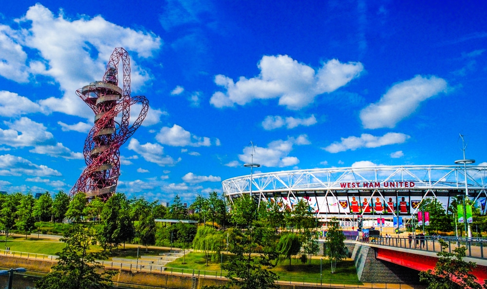 Blue skies over the leafy Queen Elizabeth Olympic Park