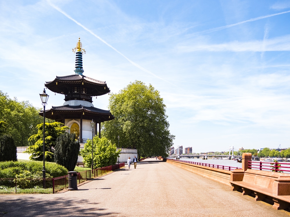 The pagoda and pathway of Battersea Park in the shining sunshine