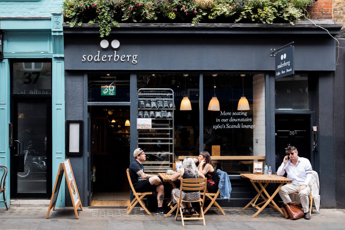 An exterior shot of Soderberg, one of the best coffee shops to recharge in in London