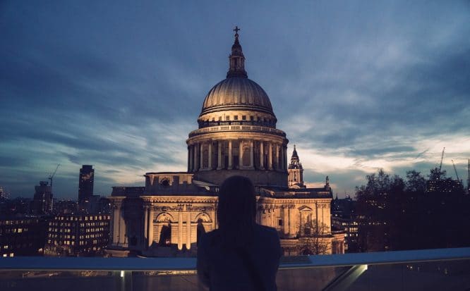 A picture of St. Paul's Cathedral at sunset, the site of one of the best walking tours in London