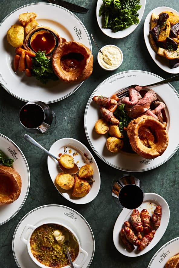The full spread of roast and wine at The Libertine in Bank