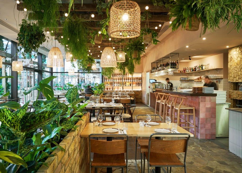 Leaves and wooden tables in Brother Marcus, one of the prettiest restaurants in London