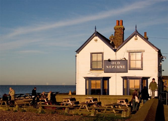 A picture of The Old Neptune pub in Whitstable as the sun begins to set 