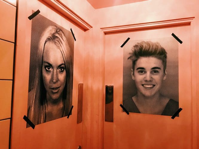 Two mug shots of Lindsay Lohan and Justin Bieber at Tonight Josephine in Waterloo, South London