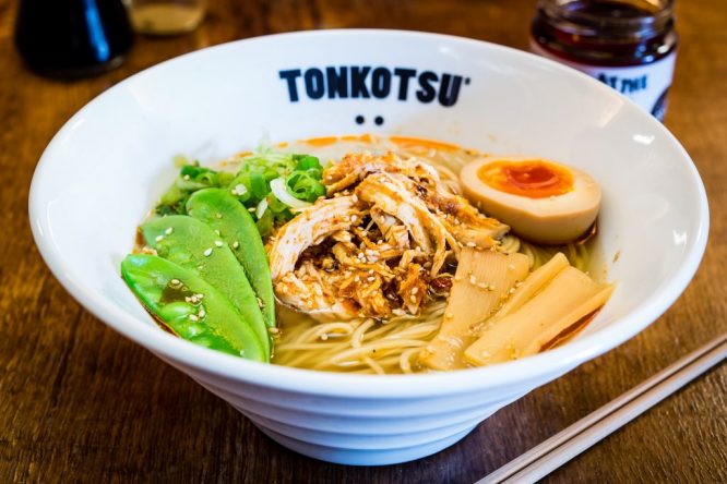 A steaming bowl of ramen served at Tonkotsu, one of the best Japanese restaurants in London