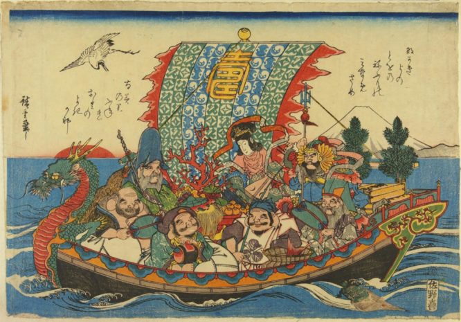 Utagawa Hiroshige (1797-1858), The Treasure Ship, print depicting the Seven Gods of Good Fortune on their treasure ship, woodblock print, ca.1840, Japa