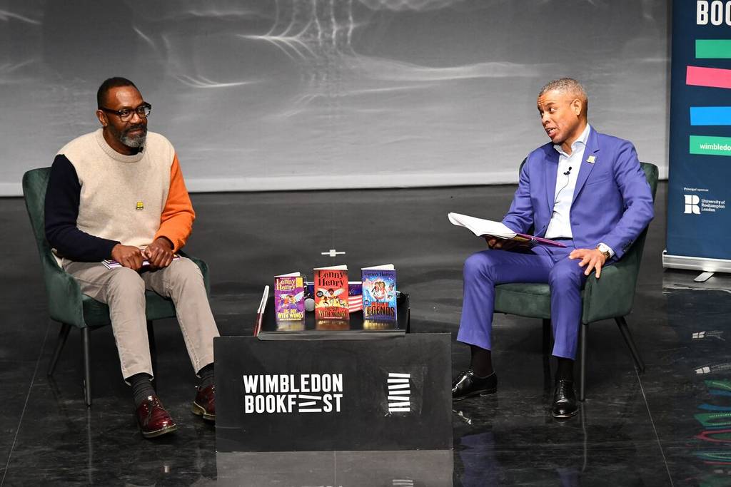 Lenny Henry and Mic Lord onstage at the Wimbledon Bookfest in October 2022